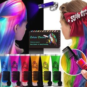 New 6 Color Glow-In-The-Dark Temporary Body Paint & Chalk Hair Dye Comb Set Kit